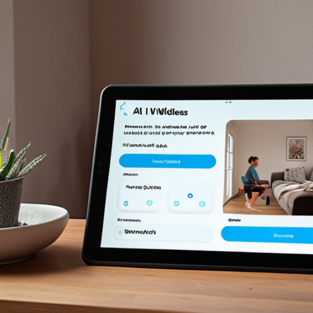 **AI Wellness Companion:** A friendly, approachable AI interface displayed on a tablet, offering personalized mindfulness exercises in a cozy, modern Dutch home. (Emphasizes mental health support)